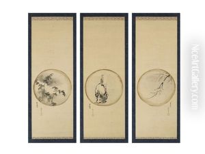 Elderly Figure And Landscape (triptych) by Isen'in Naganobu Kano