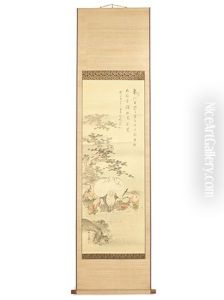 Depicting A Humorous Scene Of Hotei Wading Through A River With Three Karako, The Portly God Of Happiness Shown Carrying His Large Treasure Sack On His Head And Gazing At His Reflection In The Water by Kazunobu Kano