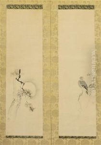 Bird On A Tree Branch And Moonlit Tree (2 Works) by Masunobu Kano