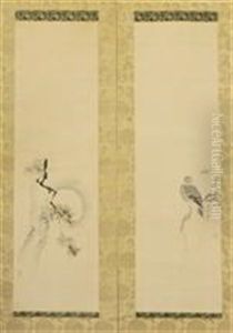 Bird On A Tree Branch; Moonlit Tree (2 Works) by Shosenin Masanobu Kano