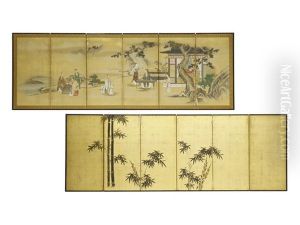 A Chinese Old Story And Banboo Six-fold Screen by Tansetsu Morisada Kano