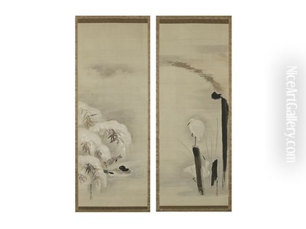 White Egret And Two Mandarin Duck (pair) - view 1