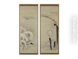 White Egret And Two Mandarin Duck (pair) by Tanshin Morimichi Kano