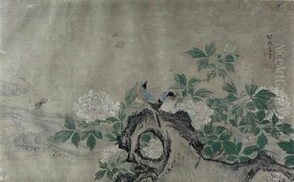 Blue Birds On Flowering Peony - view 1