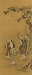 Immortals And Scholars Admiring A Waterfall (pair) by Tanyu Kano