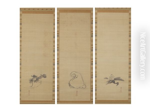 Loquat/daruma/turnip (a Set Of Three Scrolls) - view 1