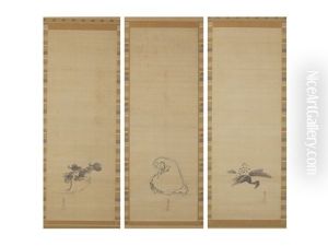 Loquat/daruma/turnip (a Set Of Three Scrolls) by Tanyu Kano