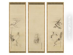 Pine And Crane/figure/plum-blossom, Bamboo And Young Crane (triptych) by Tanyu Kano