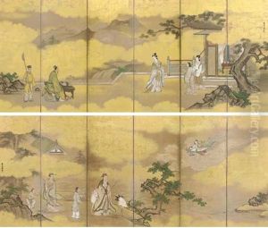 Chinese Immortals (pair Of Six-panel Screens) by Tanyu Kano