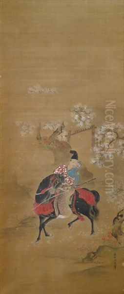 Malerei Eines Samurai Hoch Zu Ross Vor Einem Gartentor Mit Bluhenden Kirschbaumen Und Azaleen - view 1