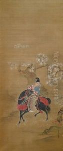 Malerei Eines Samurai Hoch Zu Ross Vor Einem Gartentor Mit Bluhenden Kirschbaumen Und Azaleen