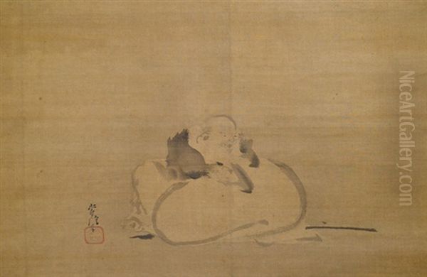Sitzender Hotei Mit Stock Und Gluckssack - view 1
