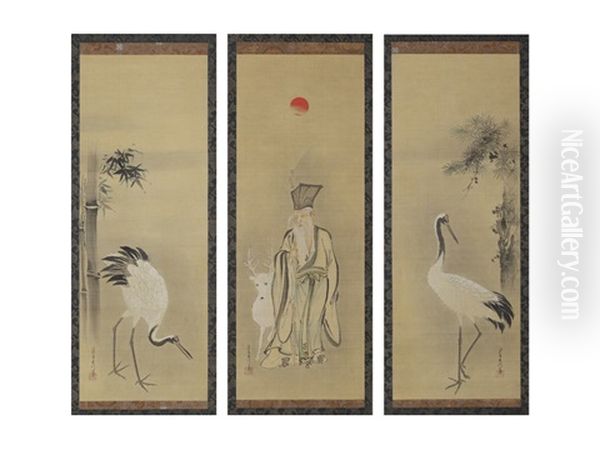 Bomboo And Crane/god Of Longevity/pine And Crane (a Set Of Three Scrolls) - view 1