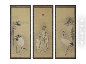 Bomboo And Crane/god Of Longevity/pine And Crane (a Set Of Three Scrolls) by Tsunenobu Kano