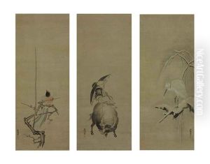Magpie On Plum; Isei Zenshi On A Water Buffalo; Heron On Snow-covered Willow (triptych)