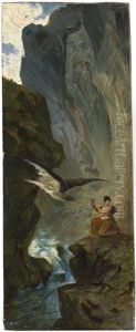 Adler In Einer Felsschlucht; Psyche Mit Dem Adler Des Jupiters Holt Wasser Aus Einer Zwischen Steilen Felsen Liegenden Quelle