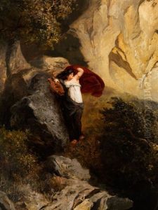 Sappho An Felswand Von Lesbos Gelehnt Vor Sturmischer See by Edmund Friedrich Kanoldt