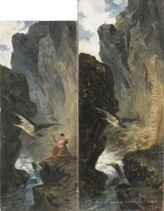 Psyche Holt Auf Befehl Der Venus Wasser Aus Dem Styx (+ Felsschlucht Mit Adler, Auf Einen Strauch Zufliegend; 2 Prelimin. Studies For Acht Wandbilder Zu Apulejus Marchen Amor Und Psyche) by Edmund Friedrich Kanoldt