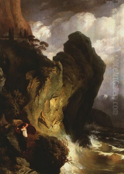 Sappho Am Vorgebirge Leukate An Eine Felswand Gelehnt by Edmund Friedrich Kanoldt