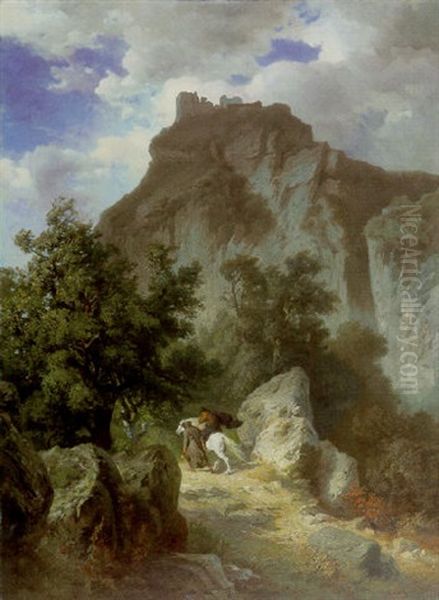 Canossa, Monch Und Reiter Auf Steinigem Pfad Zur Ruine Canossa - view 1