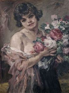 Weiblicher Halbakt Mit Blumenstraus