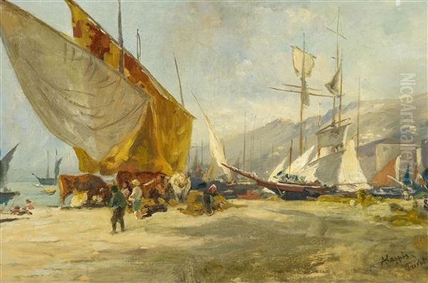 Anlandende Fischerboote Und Segler In Der Bucht Von Triest - view 1