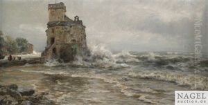 Kustenlandschaft Mit Einem Wehrturm Bei Aufgewuhlter See by Albert Kappis