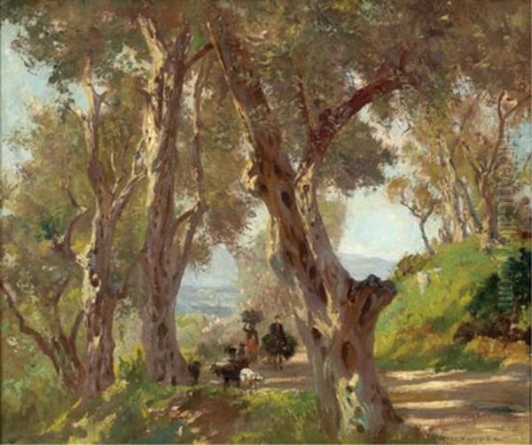 Figures On A Sunlit Path With Goats - view 1