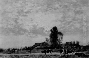 Abendliche Landschaft Mit Weidendem Vieh