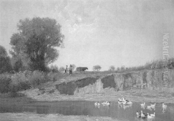 Impression Aus Ungarn. Flusufer Mit Gansen Unf Pflugenden Bauern - view 1