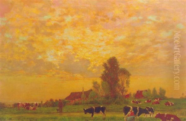 A Dutch Landscape With Cows In A Meadow At Sunset - view 1