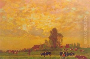 A Dutch Landscape With Cows In A Meadow At Sunset by Carl Friedrich Kappstein