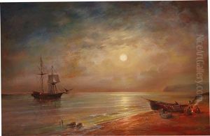 Moonlit Night Over A Coastal Landscape by Grigorij Kapustin
