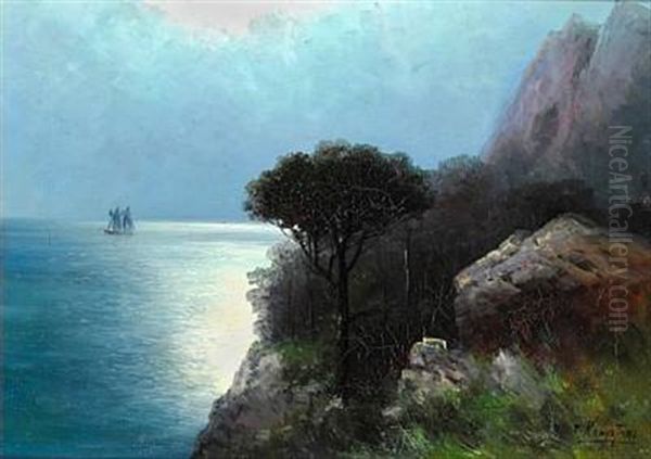 Coastal Scene From The Crimea With A Schooner On The Black Sea In Moonlight - view 1