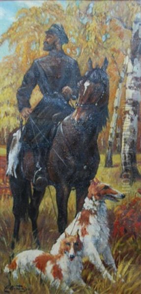 Rider On A Horse With Two Salukis In A Birch Forest - view 1
