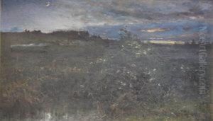 The Edge Of The Forest At Sunset With A Rising Crescentmoon