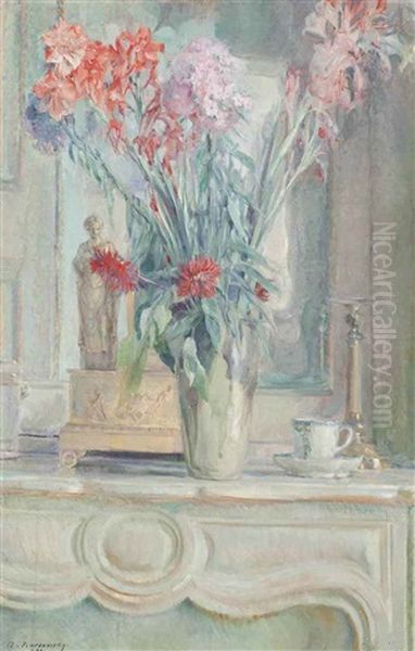 A Vase Of Flowers With A Teacup On A Table - view 1