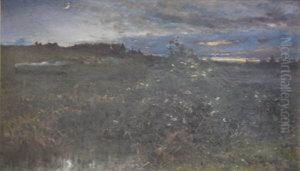 The Edge Of The Forest At Sunset With A Rising Crescent Moon by Jeanna Maria Ch. Bauck