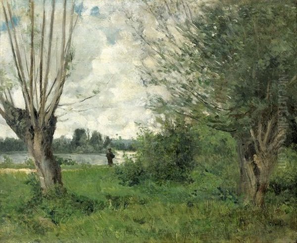 Flussufer Mit Weidengruppe Und Angler - view 1