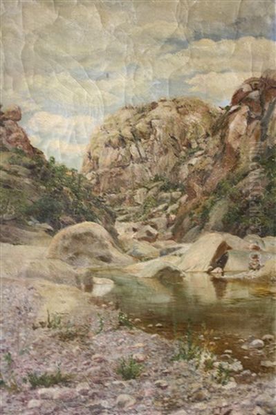 Zomers Rotslandschap Met Jongen Zittend Aan Het Water - view 1