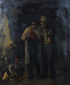 Painting Of Two Men In A Barn by Karl Karger