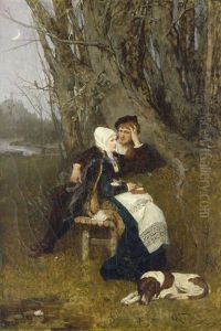 Der Antrag: Edelmann Mit Einer Edeldame Auf Einer Bank Im Wald, Im Hintergrund Ein Schloss by Karl Karger