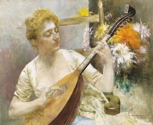 Parisian Woman With Mandolin, Flowers In The Background by Bertalan Karlovszky