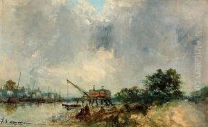 Sommerliche Flussuferpartie Mit Kran Und Schiffen