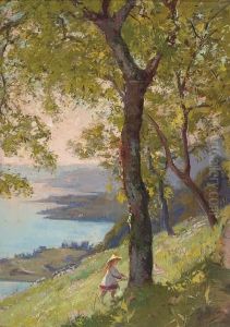 Vue Du Lac Leman Au Dessus De Montreux, Les Coteaux De Vevey. 1881 by Auguste Baud-Bovy
