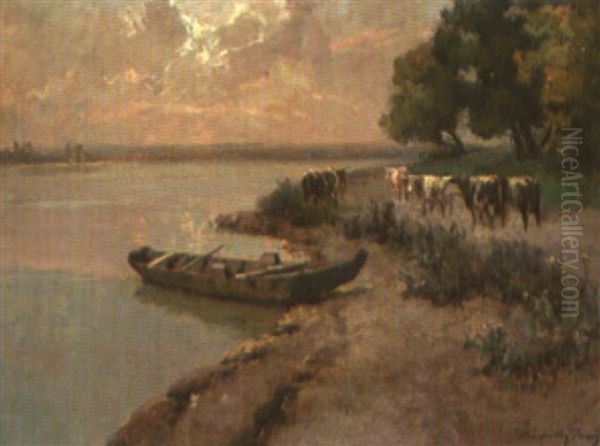 Cow By A River In The Carpathian Mountain Range - view 1