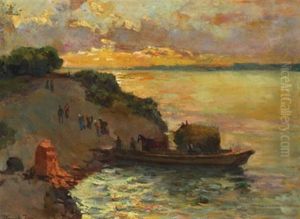 Sunset Coast With Figures Disembarking A Barge by Jenoe Karpathy