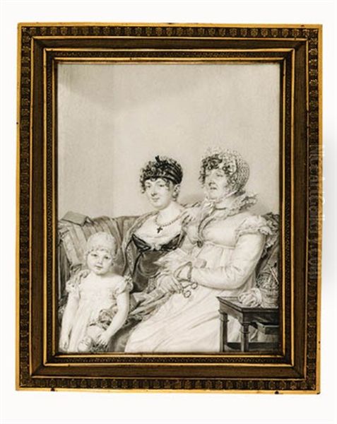 The Countess De Montmarie With Her Mother And Her Daughter, Seated On A Sofa In An Interior, The Grandmother Holding A Pair Of Spectacles And A Letter, The Young Girl Holding A Doll - view 1