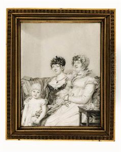The Countess De Montmarie With Her Mother And Her Daughter, Seated On A Sofa In An Interior, The Grandmother Holding A Pair Of Spectacles And A Letter, The Young Girl Holding A Doll by Jean Jacques Karpff