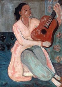 Young Woman Playing A Guitar by Georges (Karpeles) Kars